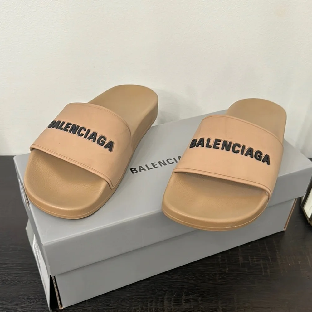 Balenciaga logo Beige Slide Sandals woman sz 7